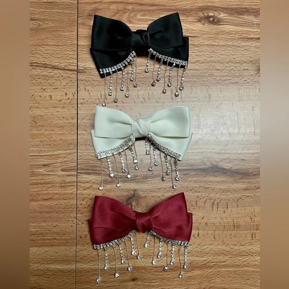Big Satin Bow Rhinestones French Barrette Hair Clip
